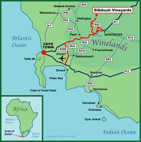 Western Cape Cape Town And Cape Winelands Map Silk Bush Mountain Vineyards