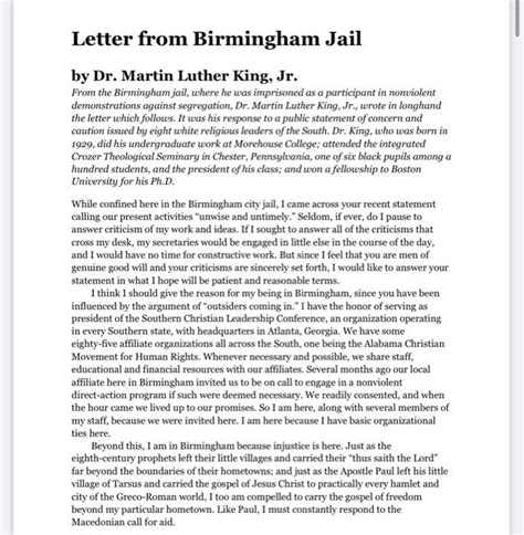Solved Mlk Letter From Birmingham Jail 2 3 Sentence Summary