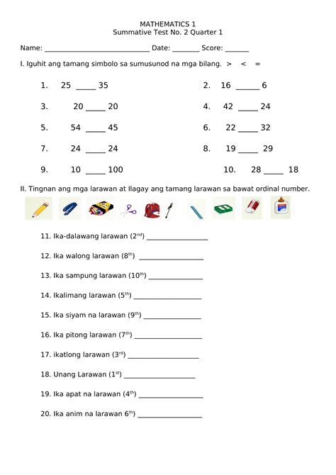Summative Test 2 Quarter 1 Math Interactive Worksheet Edform