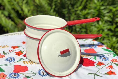 Vintage Red White Enamelware Pan Enamel Ware Double Boiler Enamel Pan