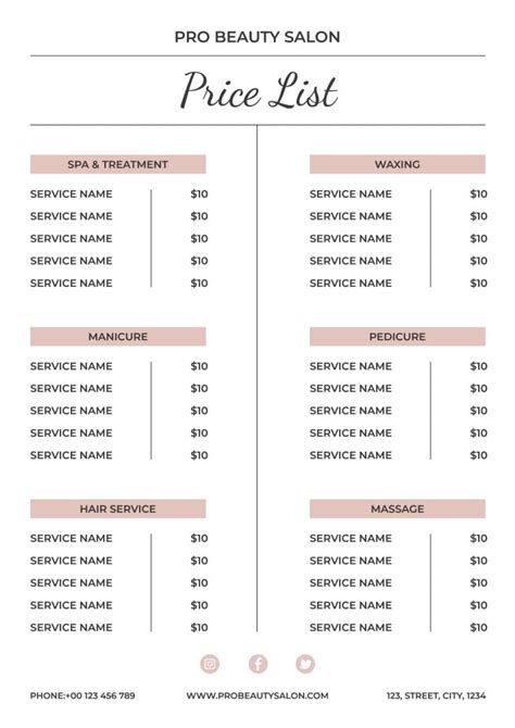 Free Elegant Pro Beauty Salon Price List Template