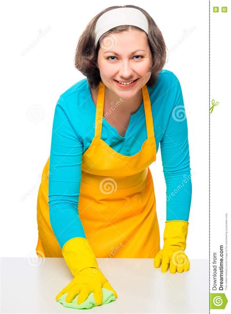 Brunette Housewife Rubbing White Table A Rag Stock Image Image Of