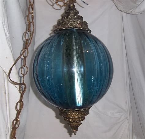 Vintage Mid Century Modern Hanging Swag Lamp Blue Glass Globe Chain
