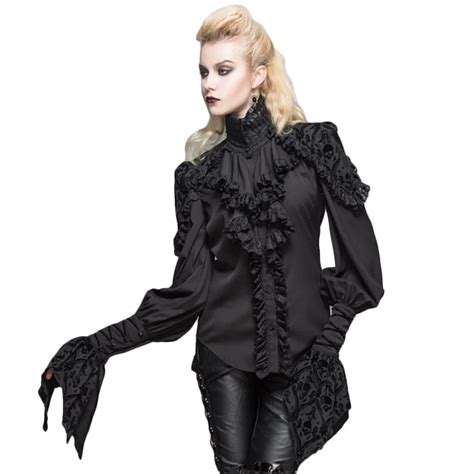 Gothic Women Lotus Ruffle Shirts Lolita Retro Lace Sleeve Party Black