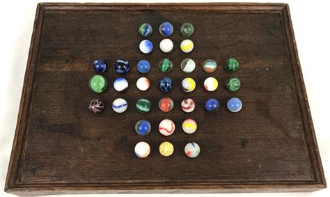 Antique Vintage Solitaire Board With 33 Handmade Marbles Twists