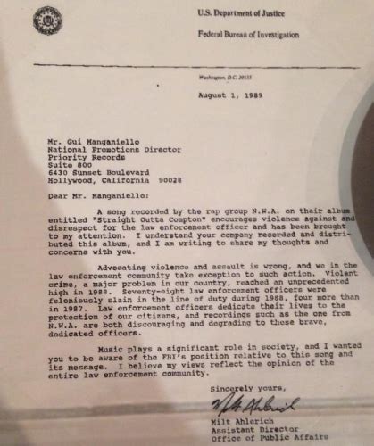 It might not be much helpful but i thought this could give you an. FBI letter sent a letter to N.W.A. in response to... | Sutori