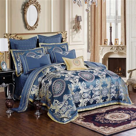 Waliicorners Blue Satin Jacquard Luxury Bedding Set Queen King Size Bed