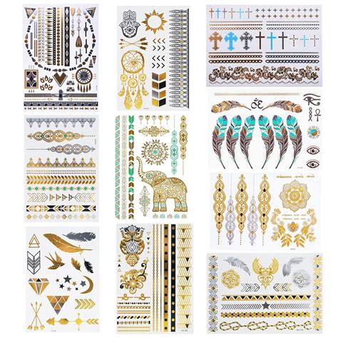 Buy Metallic Temporary Tattoos 10 Sheets 150 Flash Tattoos Boho Shimmer Designs In Gold And
