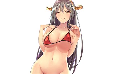 Wallpaper Anime Cartoon Kantai Collection Black Hair Mouth Bikini Haruna KanColle