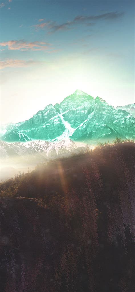 1125x2436 Photo Manipulation Mountains Clouds River Snow Sunset Concept