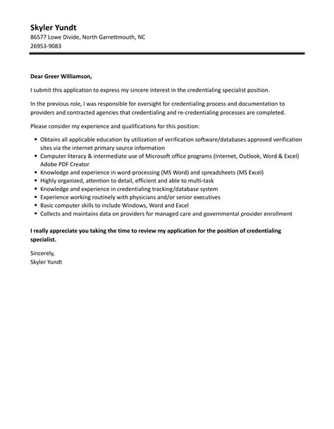 Credentialing Specialist Cover Letter Velvet Jobs