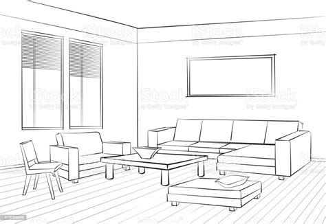 Interior Furniture Set Doodle Sketch Of Living Room Design 가구에 대한 스톡 벡터