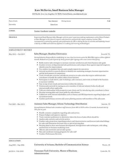 Setting individual sales targets with the sales team. Guide: Small Business Sales Manager Resume x12 Sample ...