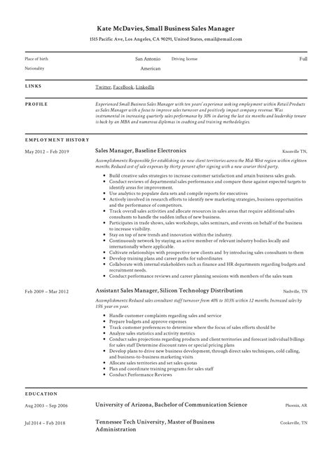 A strong sample resume for sales manager emphasizes sales orientation, leadership, supervisory skills, managerial experience, and results orientation. Guide: Small Business Sales Manager Resume x12 Sample ...