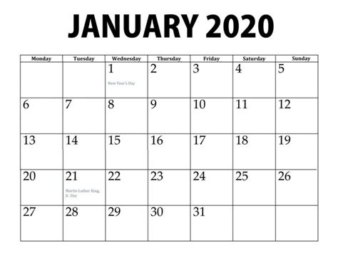 January 2020 Calendar Printable Template
