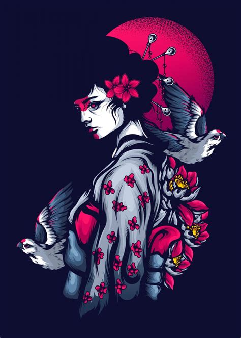 geisha poster by queensy collin displate japanese pop art japanese tattoo art japanese
