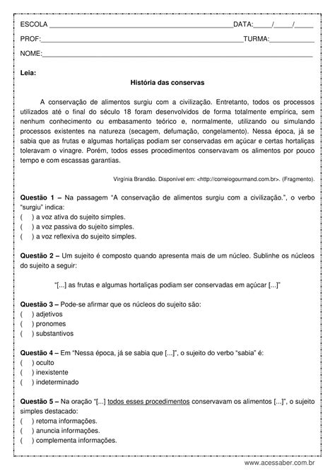 Atividades Tipos De Sujeito 8 Ano