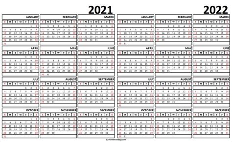 2021 And 2022 Calendar Template Two Year Calendar Free Calendar