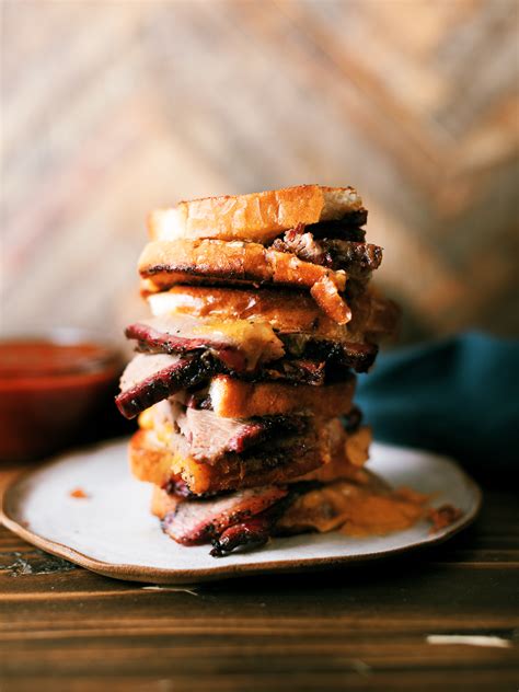 1 pkg frozen texas toast garlic bread, room temperature (8 slices), 1 cup pimento cheese (store bought or homemade), smoked brisket (leftovers), bbq sauce, shredded cheese (whatever cheese you like). Brisket Grilled Cheese Sandwich - Dad With A Pan