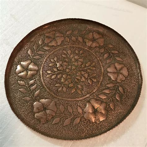 Vintage 9 1 2 Inch Solid Copper Embossed Floral Rapouse Plate Tray