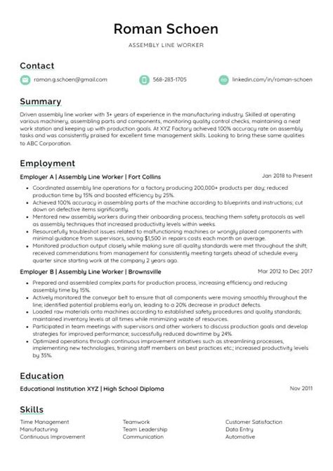 Assembly Line Worker Resume Cv Example And Writing Guide