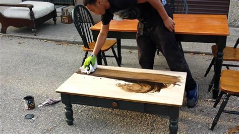Mid century end table restoration | furniture refinishing. Eric sanding a coffee table part 3 the staining - YouTube