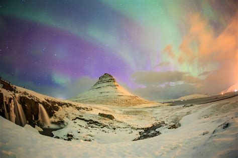 Spectacular Northern Lights Appear Over Mount Kirkjufell Stock Photo