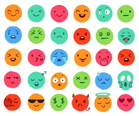 Hand Drawn Color Emoji Colorful Doodle Faces Happy Emoticon And Smil