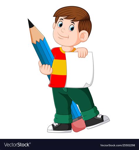Clever Boy Is Holding Paper And Big Pencil Vector Image