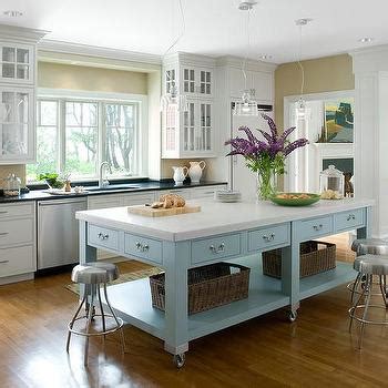 The island can be centered on this point but make sure to adjust for your specific space. Blue Center Island with Industrial Stools - Cottage - Kitchen