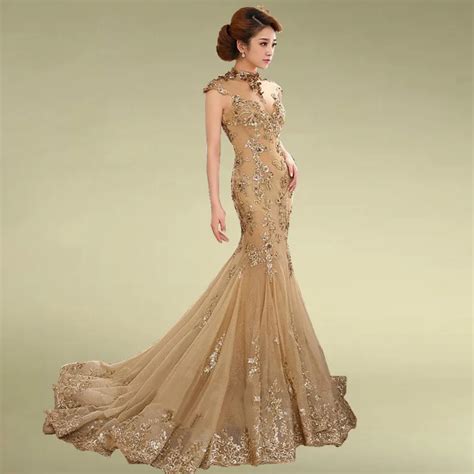Elegant Mermaid Evening Dresses Women Lace Long Formal Gowns Backless High Neck Gold Fashion