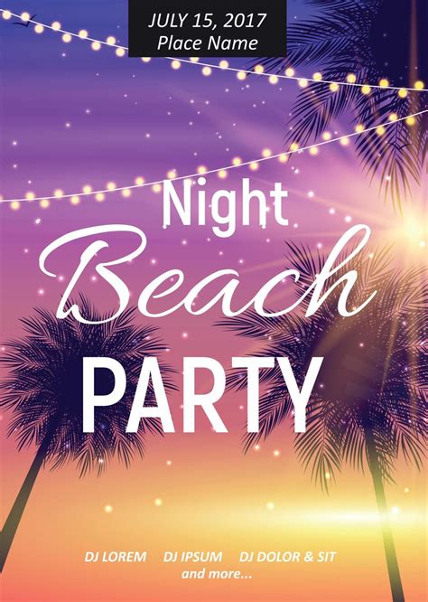 Summer Night Beach Party Poster Tropical Natural Background With Palm