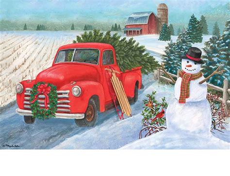 Depicting a red truck picking up a christmas tree this mat depicts a