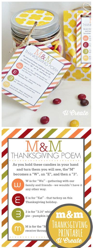 Use decorative ribbon to tie printable onto m&m candy cane. M & M Thanksgiving Poem Printable | U Create | Bloglovin'