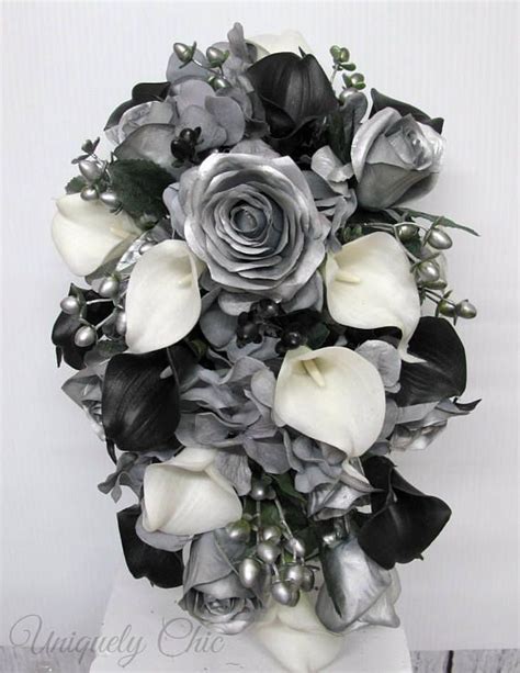 Cascading Bouquet Silver Rose Black And White Calla Lily