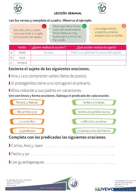 Sujeto Y Predicado Online Exercise For 4to Live Worksheets