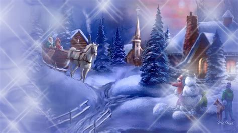 Snow Night Dog Tree Christmas Vintage Cabin Sleigh Winter Horses