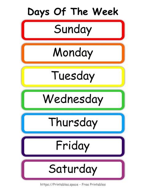 Simple Colorful Days Of The Week Chart Free Printables