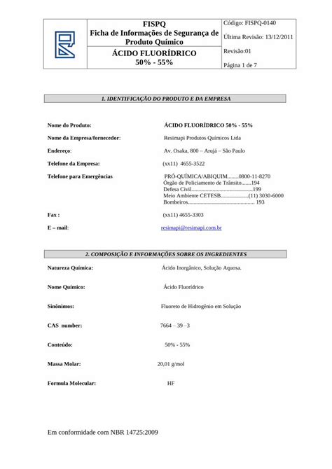 pdf fispq ficha de informações de segurança de Última revisão · ficha de informações de