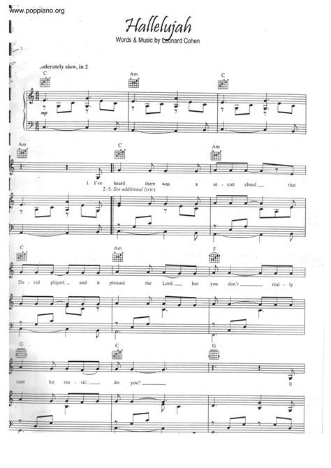 leonard cohen hallelujah sheet music notes chords download printable piano vocal guitar pdf