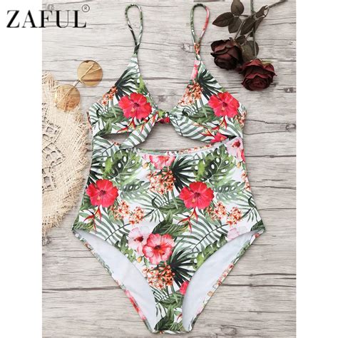 Zaful Sexy Hollow Out Floral Leaf Print Women One Piece Swimsuit High