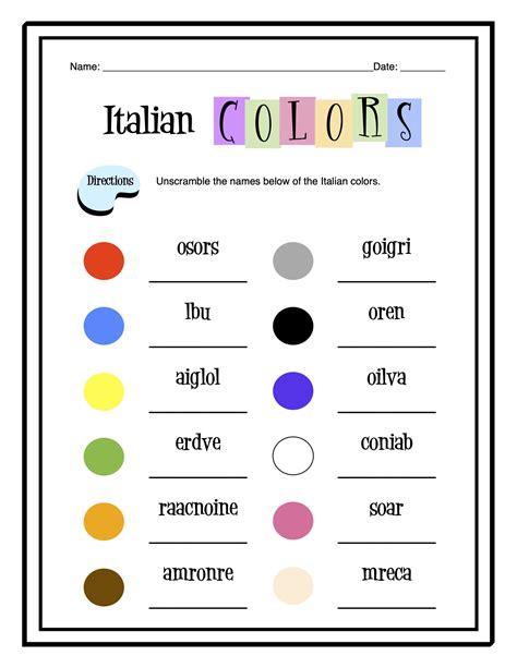 Italian Colors Worksheet Packet Made By Teachers