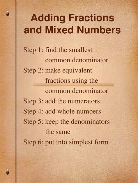 3/8 + 3 4/8 = add mixed numbers (like denominators) 4 3/8 + 3 4/8 = completing whole numbers: PPT - Adding Fractions and Mixed Numbers PowerPoint ...