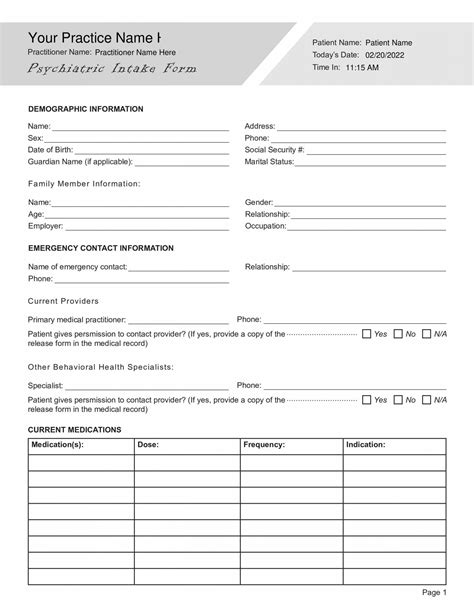 Psychiatric Intake Form Evaluation Pdf Template