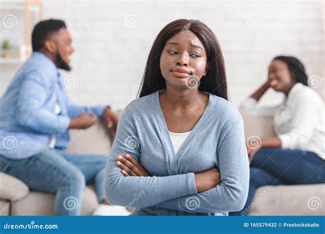 Jealous Black Girl Envy To Romantic Couple That Flirting On Background