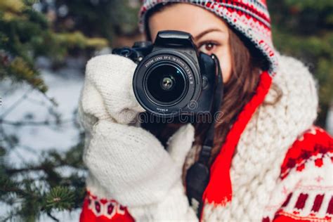 Young Photographer Takes Pictures Of Winter Forest Stock Image Image Of Profession Digital