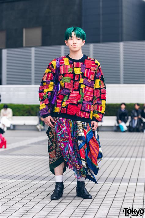 Multi-Colored Shinjuku Street Fashion w/ Green Bob, Hoop Earrings
