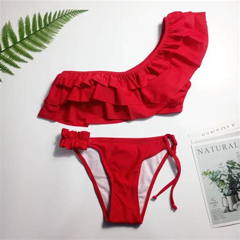 One Shoulder Swimsuit Bikini Women Red Ruffles Push Up Swimwear