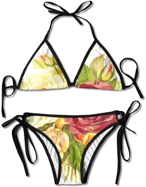 sexy triangle bathing two pieces floristic rose flower padded top bottom bikini swiming suit two