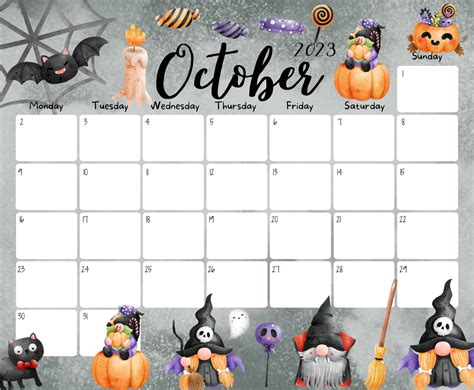 Editable October 2023 Calendar Happy Halloween Cute Gnoms Kid